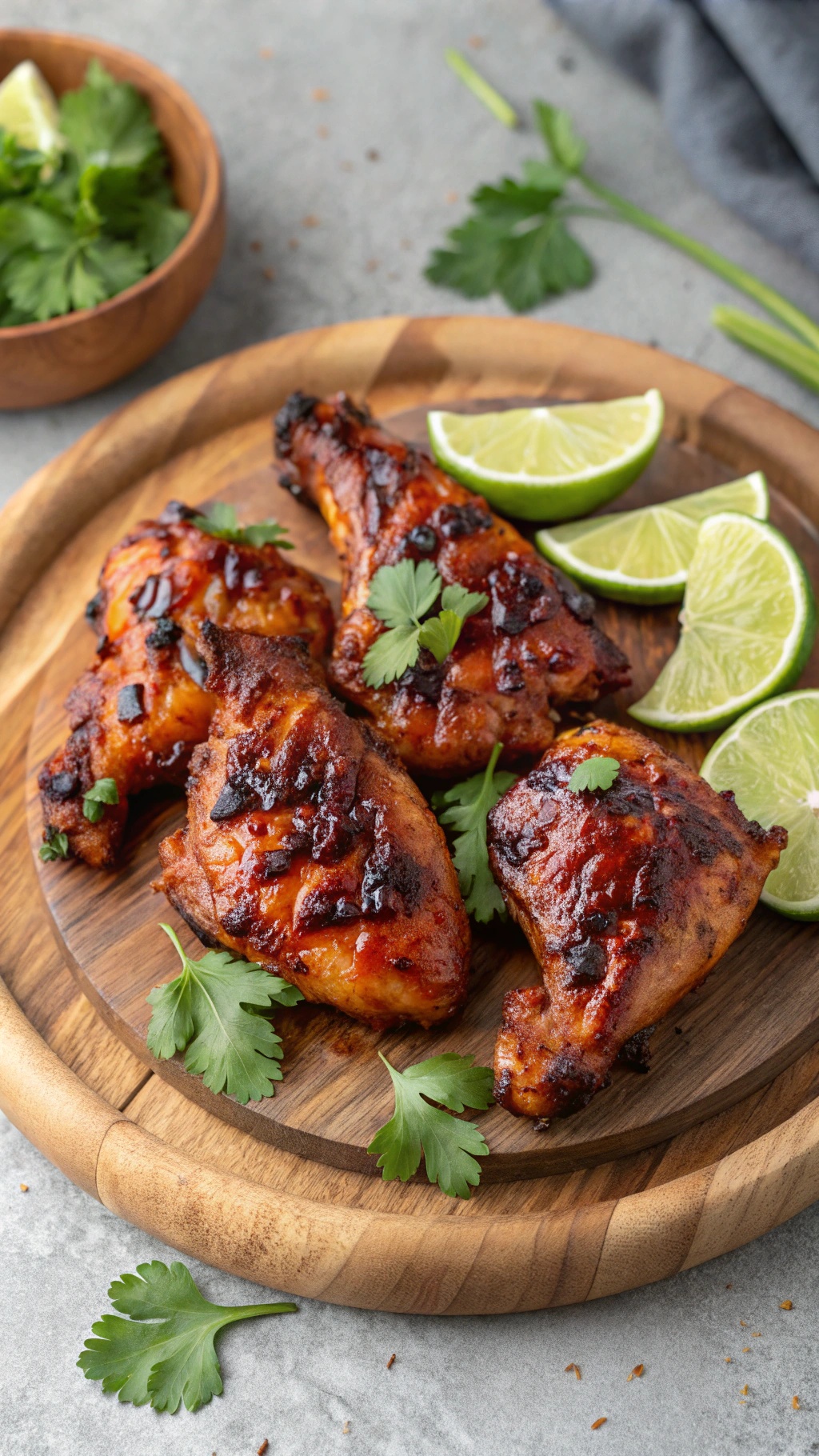 Grilled chicken thighs garnished with cilantro and lime on a wooden platter