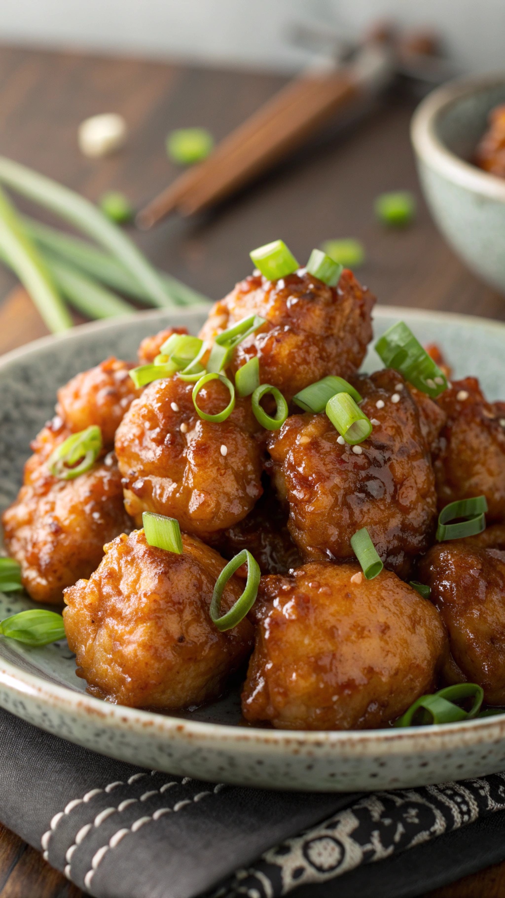 A bowl of sweet honey garlic chicken bites garnished with green onions.