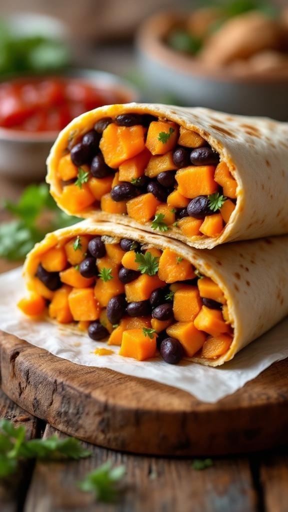 Sweet potato and black bean breakfast burritos on a wooden board