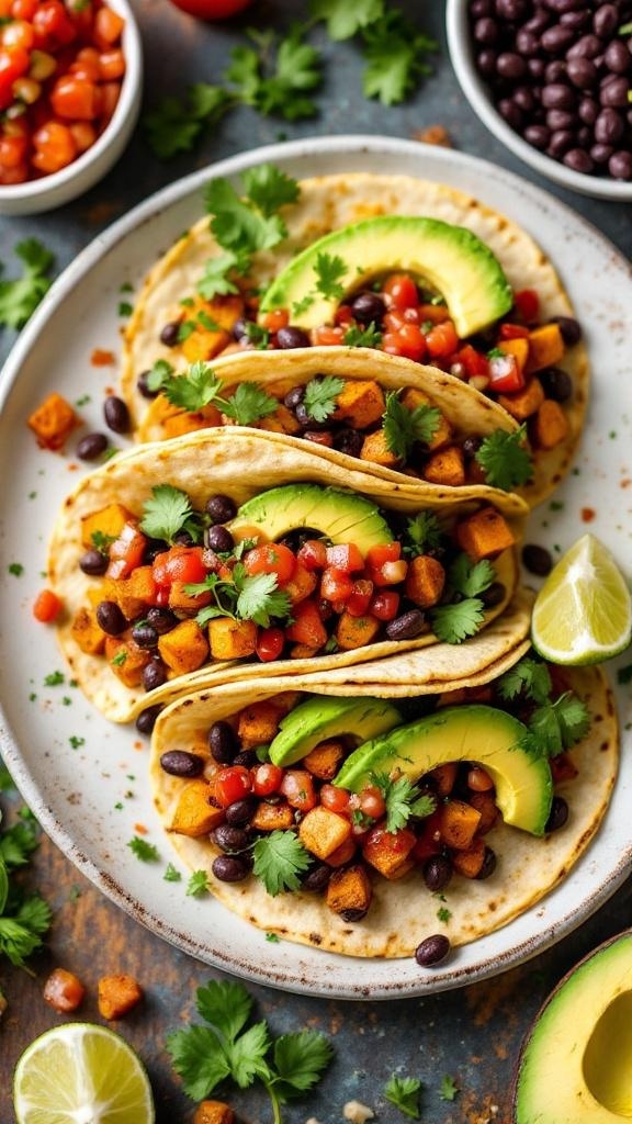 Three sweet potato and black bean tacos topped with avocado and tomatoes, served on a plate with lime wedges.