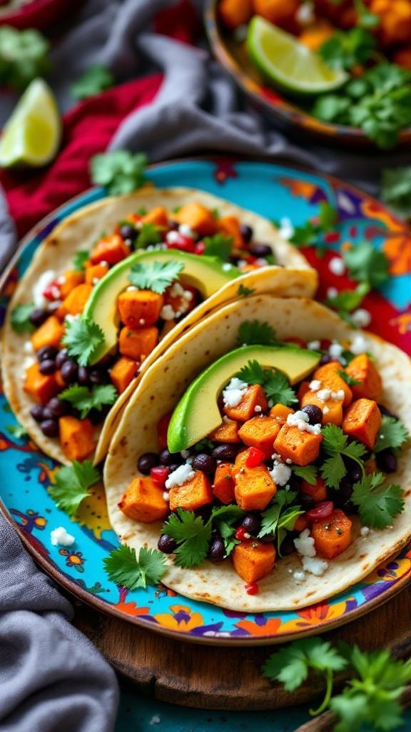 Sweet potato and black bean tacos served on a colorful plate with lime and cilantro.