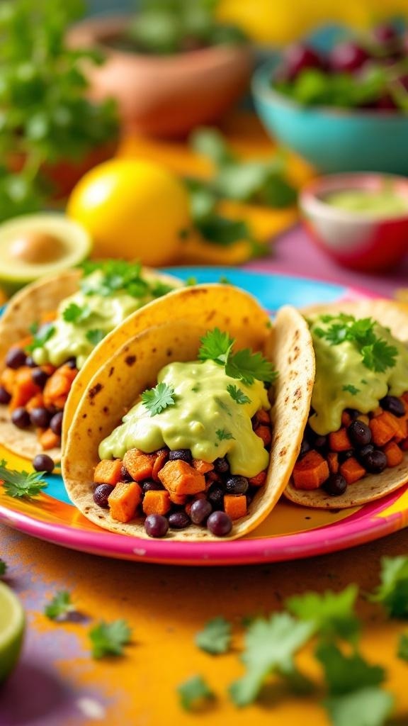 Colorful sweet potato and black bean tacos topped with avocado cream and cilantro on a vibrant plate.
