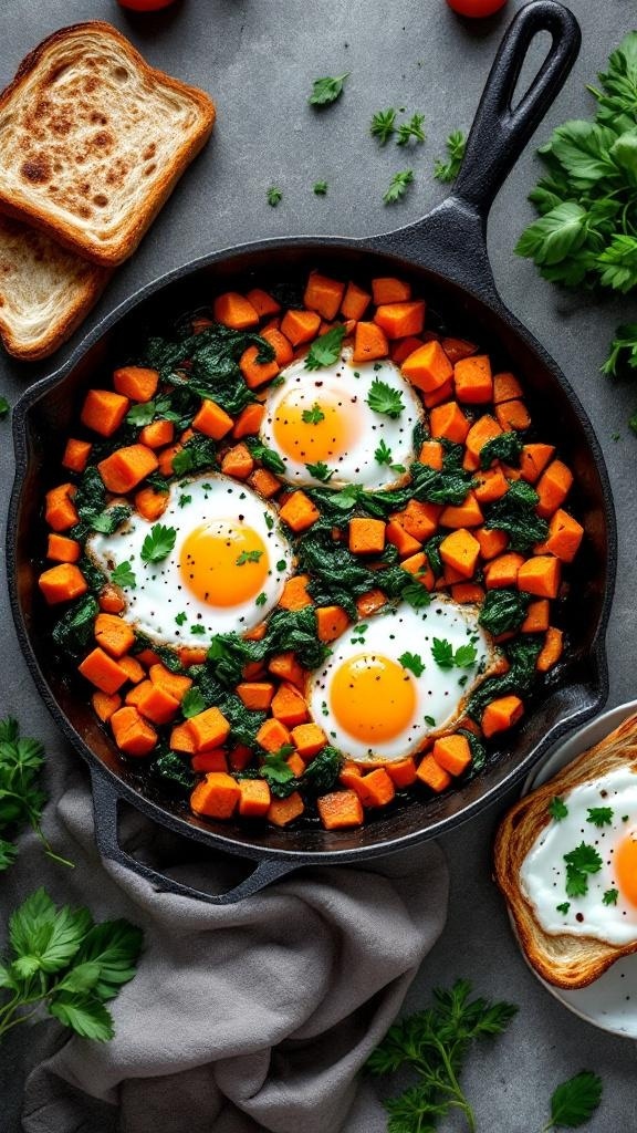 A breakfast skillet featuring sweet potatoes, eggs, and greens, garnished with parsley and served with toasted bread.