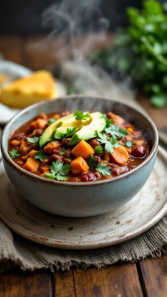 A bowl of sweet potato and turkey chili topped with avocado and cilantro, served on a rustic wooden table.