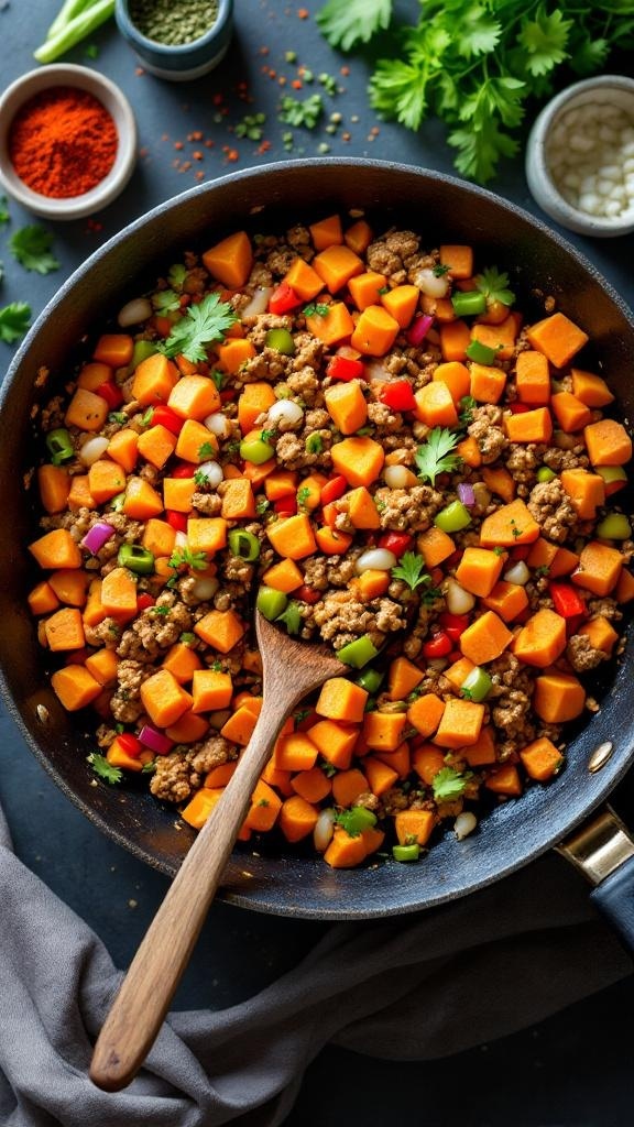 A skillet filled with sweet potato and turkey hash, featuring colorful vegetables and herbs.