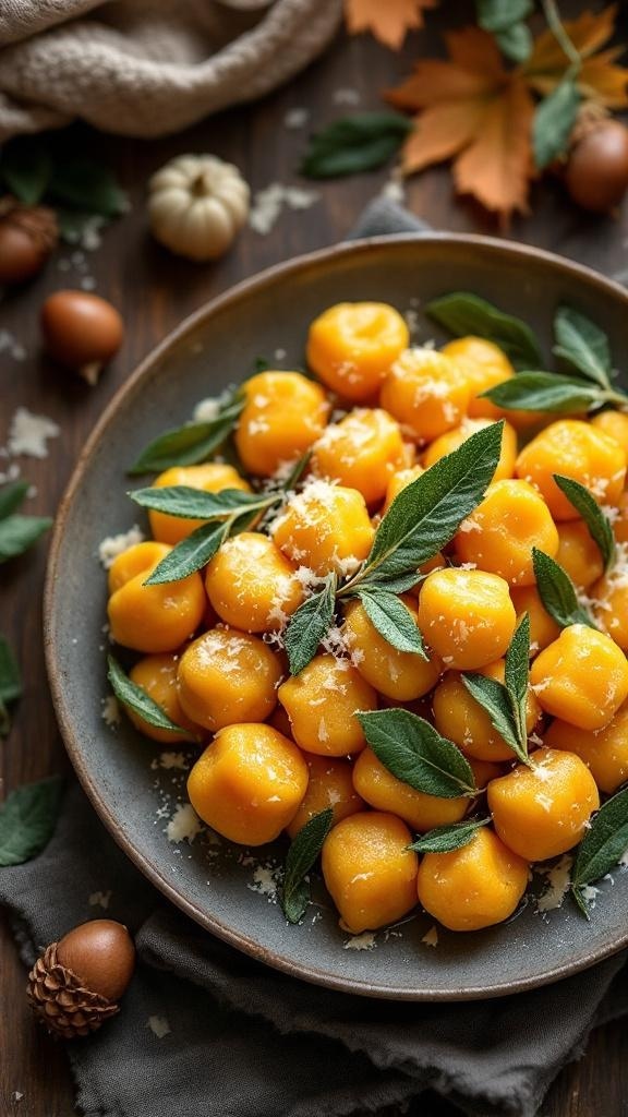 A plate of sweet potato gnocchi garnished with sage leaves and grated cheese.