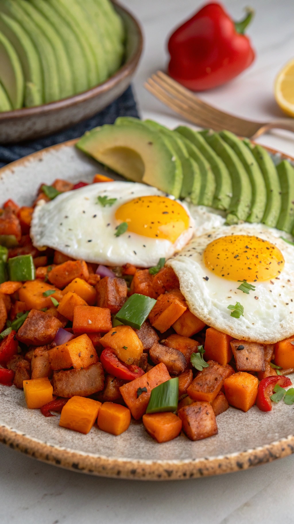 A plate of sweet potato hash topped with two fried eggs and avocado slices, garnished with herbs.