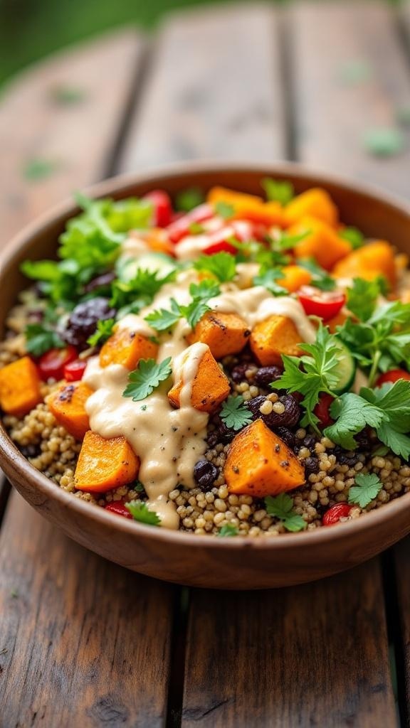 A colorful Sweet Potato Quinoa Bowl topped with lemon tahini dressing, featuring roasted sweet potatoes, quinoa, black beans, and fresh vegetables.