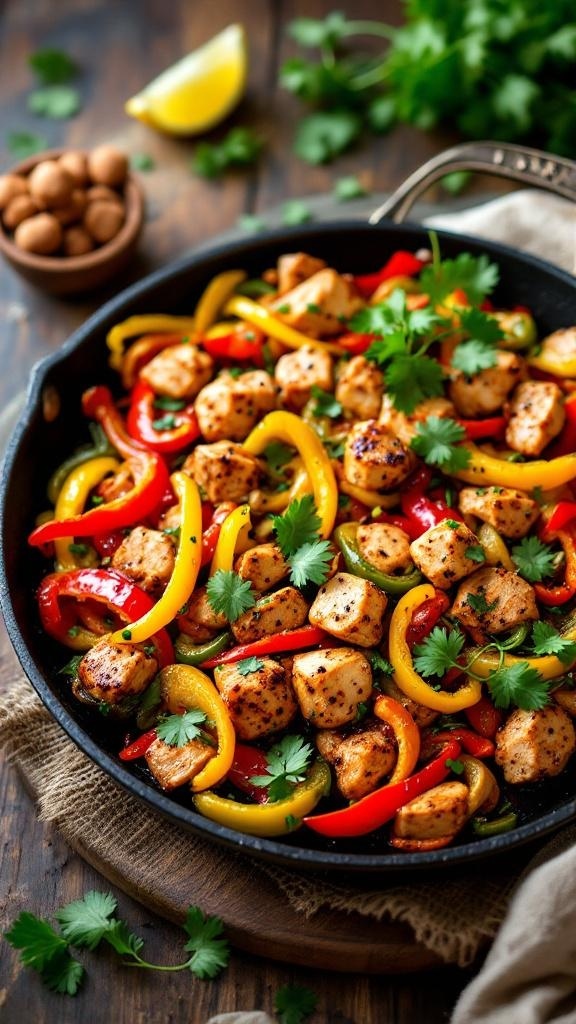 A colorful one-pan chicken fajitas dish with bell peppers and cilantro.