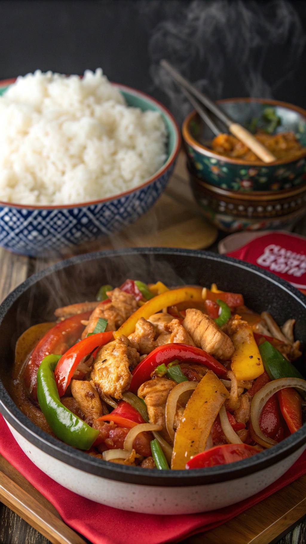 A bowl of Szechuan chicken with colorful peppers and onions, served with rice.