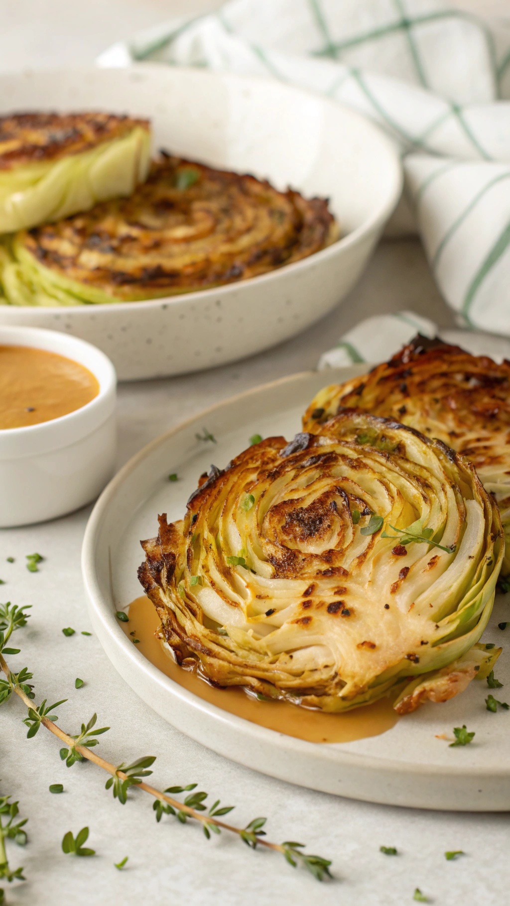 Tangy air fryer cabbage steaks served with a sauce and garnished with herbs.