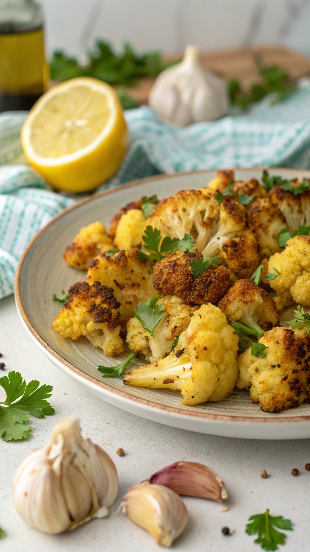 A plate of lemon garlic roasted cauliflower garnished with parsley, with garlic cloves and a lemon in the background.