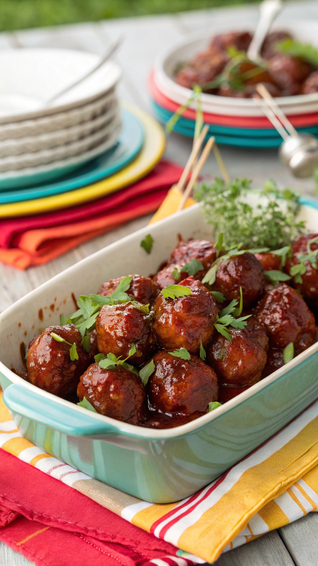 A dish of tangy and sweet BBQ meatballs garnished with parsley, served with colorful plates in the background.