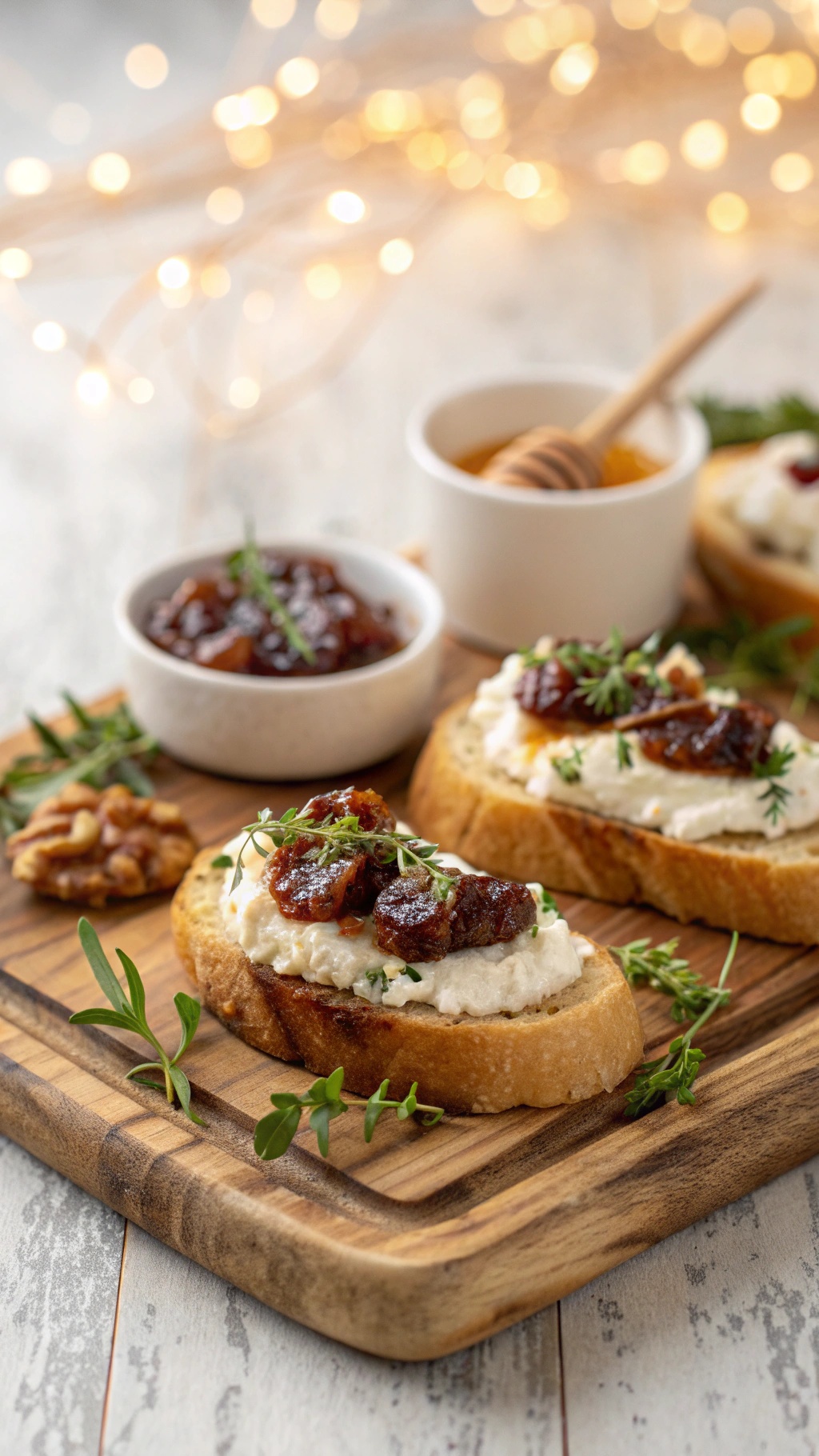 Goat cheese crostini with fig jam and fresh herbs on a wooden platter