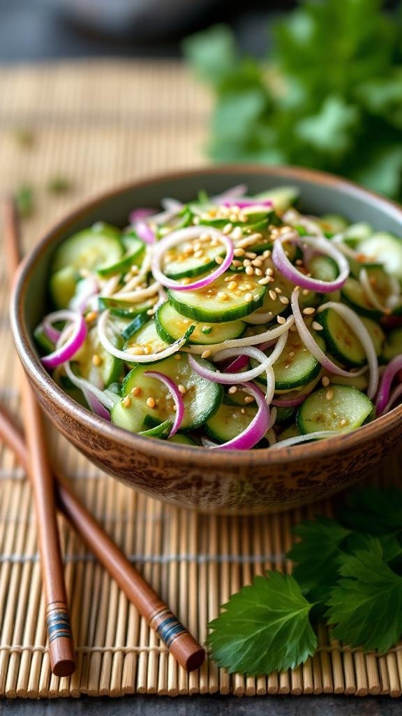 A bowl of Tangy Asian Cucumber Salad with soy dressing, garnished with sesame seeds and cilantro.
