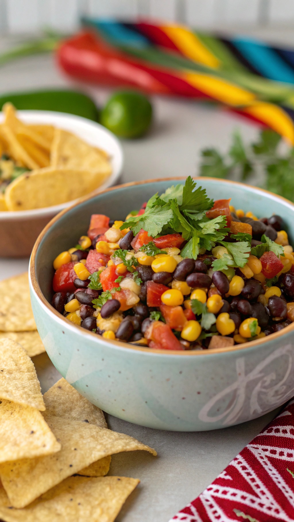 A bowl of Tangy Black Bean and Corn Salsa with tortilla chips on the side.