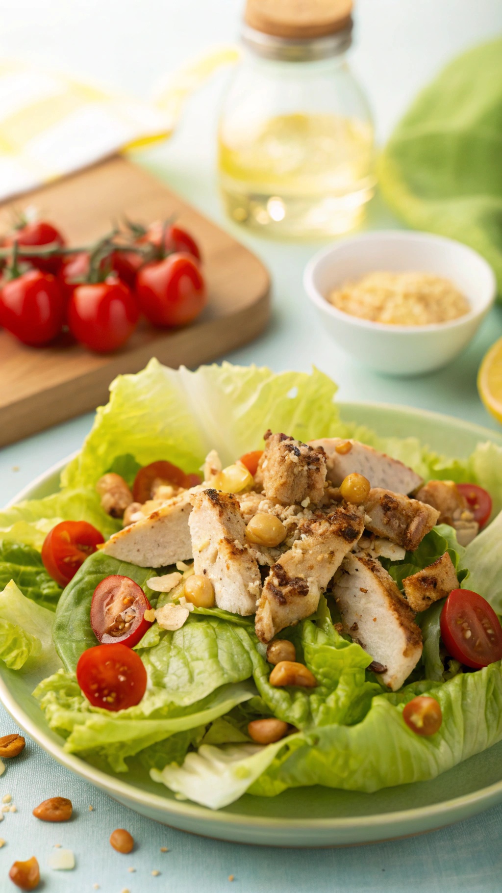 Tangy chicken salad lettuce wraps with cherry tomatoes and nuts on a plate.