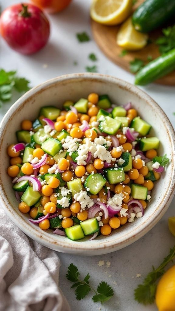 A bowl of Tangy Cucumber and Chickpea Salad with colorful ingredients like cucumbers, chickpeas, red onions, and feta cheese.