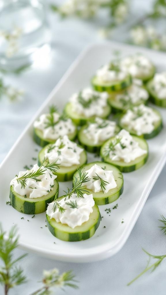 A platter of cucumber slices topped with cream cheese and fresh dill.