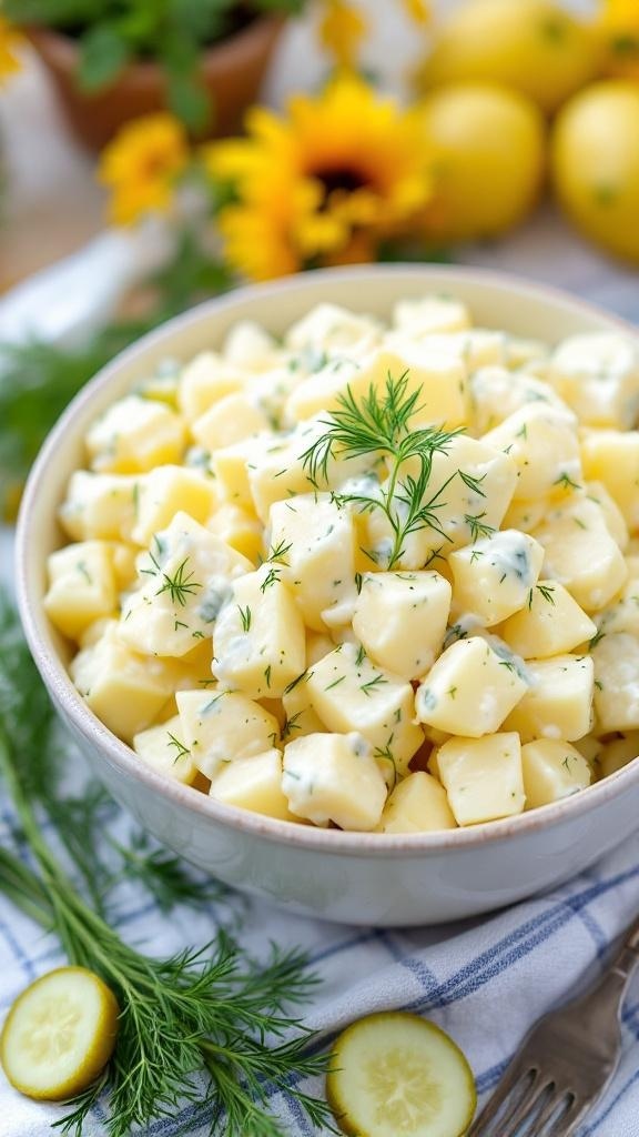 A bowl of Tangy Dill Pickle Potato Salad with diced potatoes, fresh dill, and pickles.