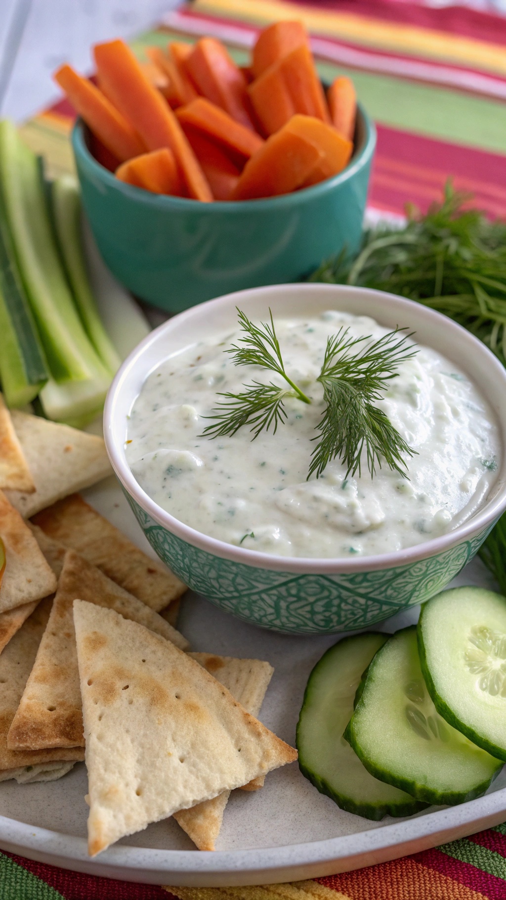 A bowl of tangy Greek yogurt and cucumber dip garnished with dill, surrounded by carrot sticks, cucumber slices, and pita chips.