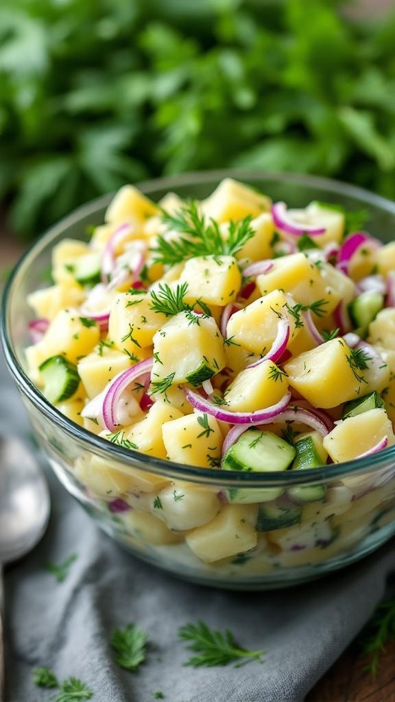 A bowl of tangy Greek yogurt potato salad with potatoes, cucumbers, and red onions, garnished with fresh herbs.