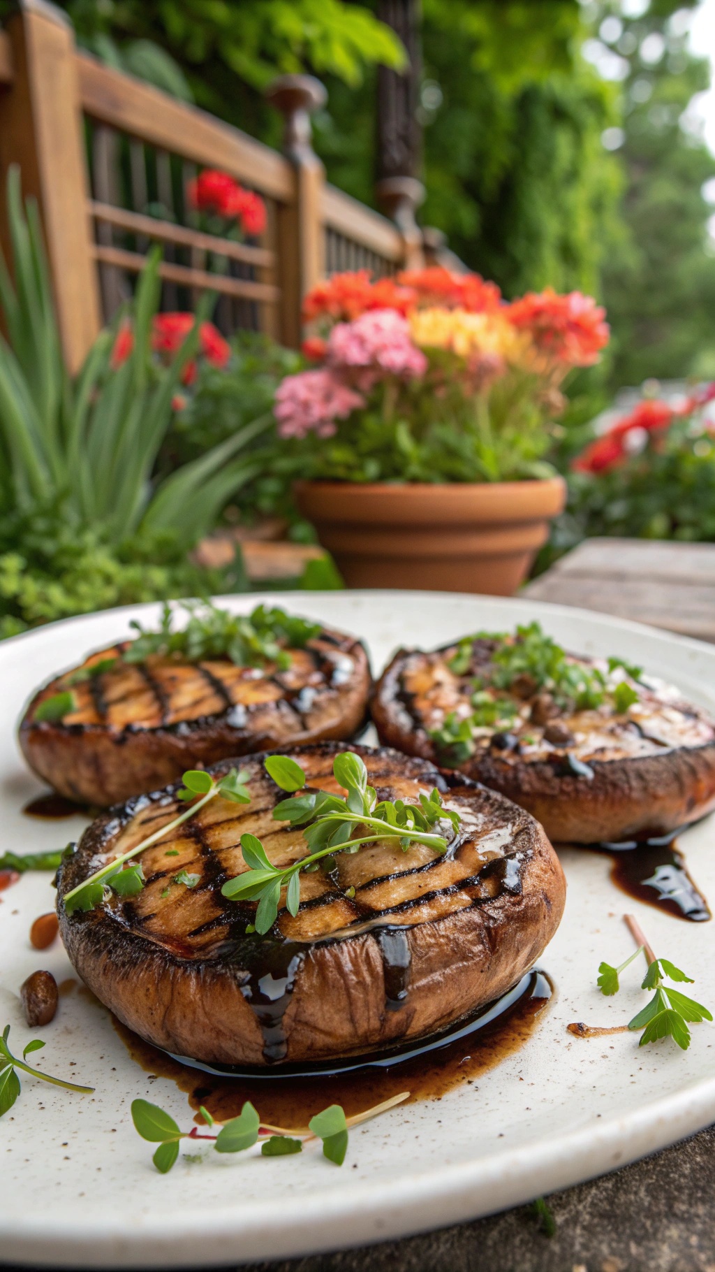 Grilled portobello mushrooms garnished with herbs on a plate