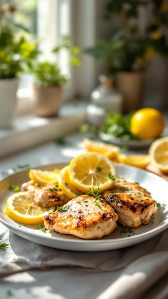 Plate of tangy lemon herb chicken thighs garnished with lemon slices and herbs