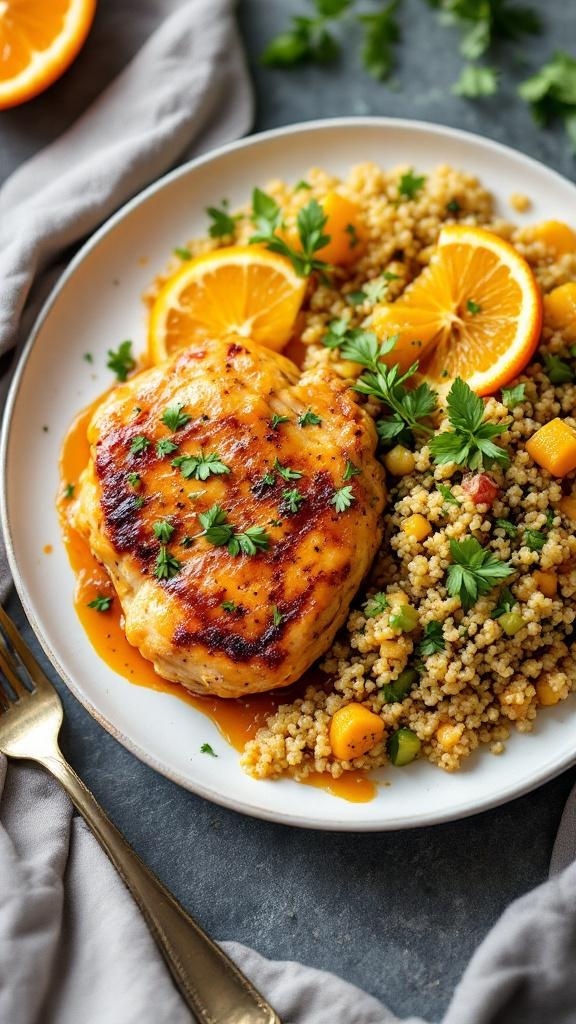 Tangy Orange Glazed Chicken Thighs served with couscous and garnished with orange slices and parsley.