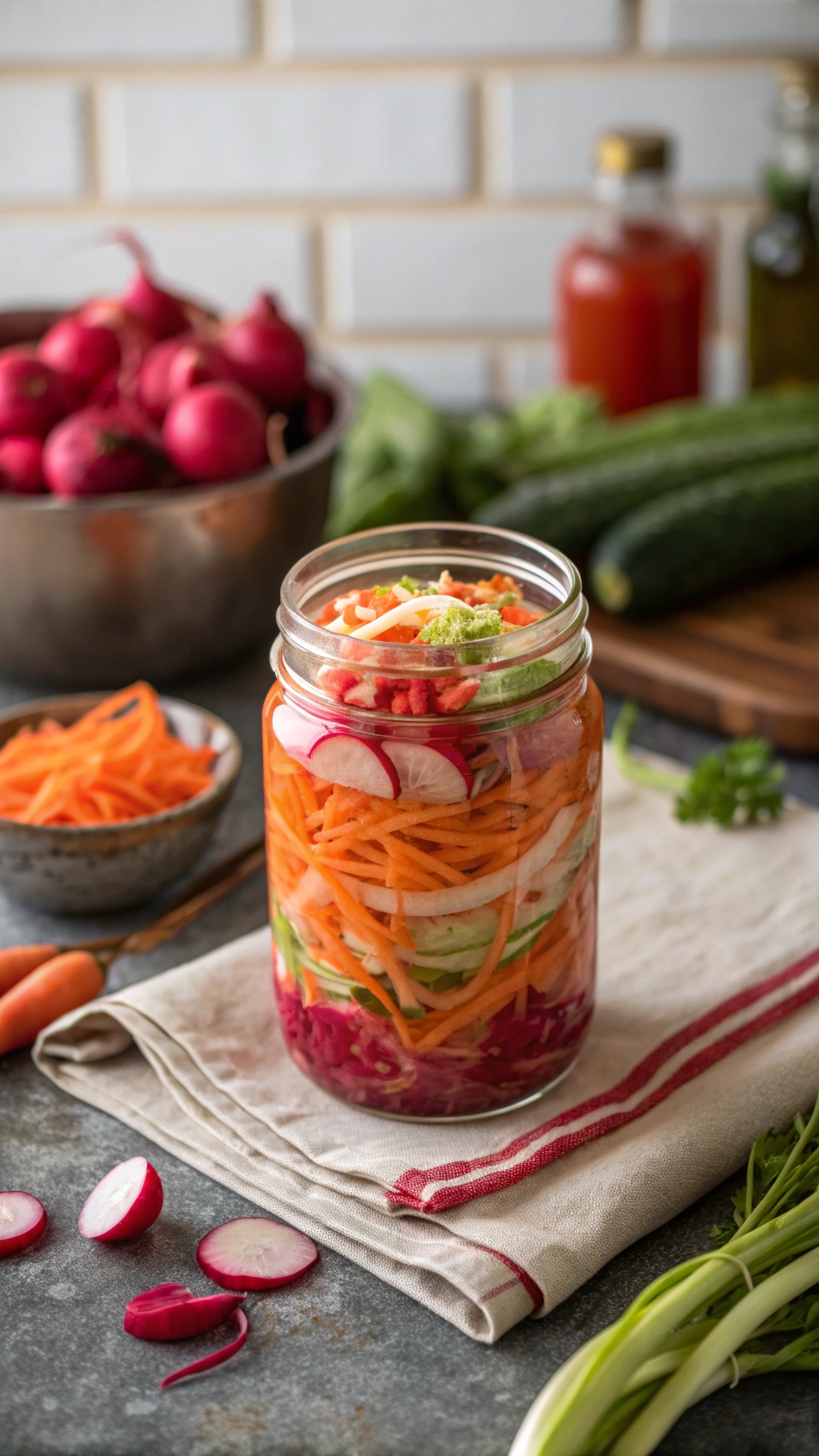 A jar of tangy pickled radish and carrot slaw with fresh vegetables in the background.