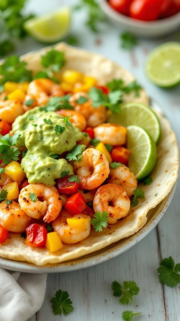 A colorful shrimp taco bowl with avocado crema, garnished with cilantro and lime.
