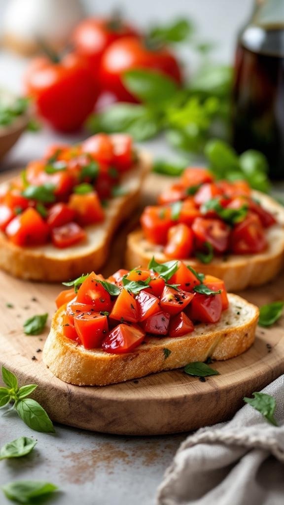 Delicious bruschetta topped with diced tomatoes and basil on a wooden board.