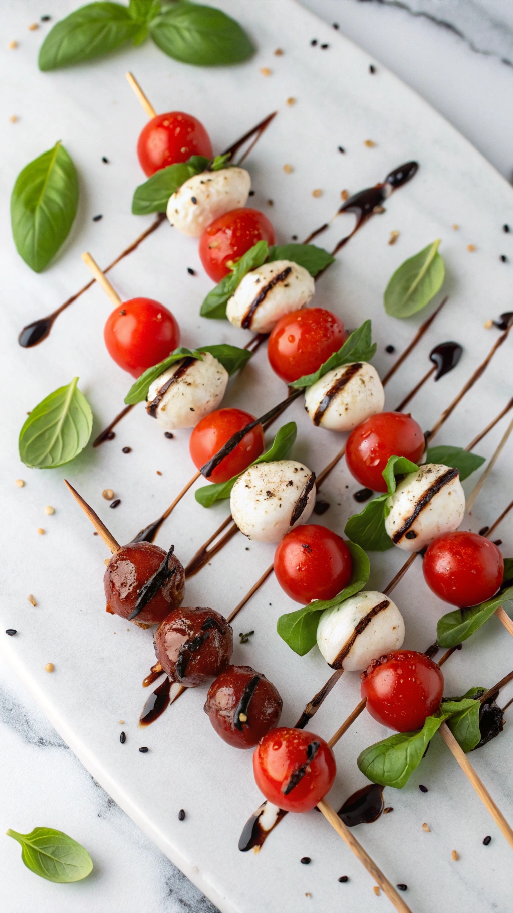 Vegan Caprese skewers with cherry tomatoes, basil, and vegan mozzarella drizzled with balsamic glaze on a marble platter.