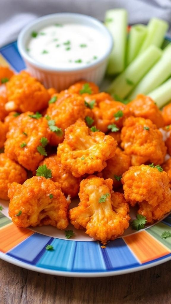 Plate of buffalo cauliflower bites with celery sticks and dipping sauce