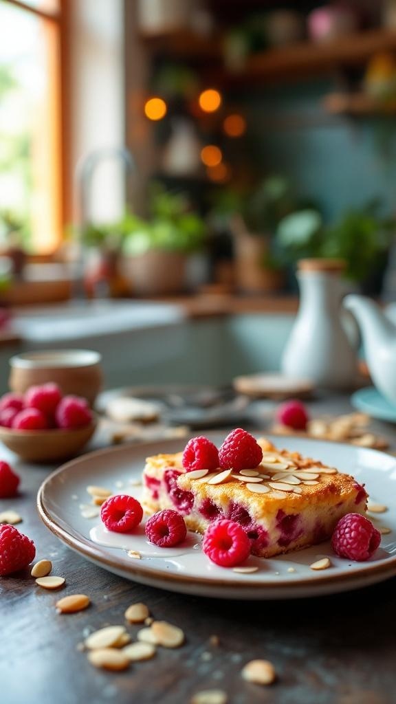 A slice of raspberry almond casserole topped with fresh raspberries and sliced almonds on a plate.