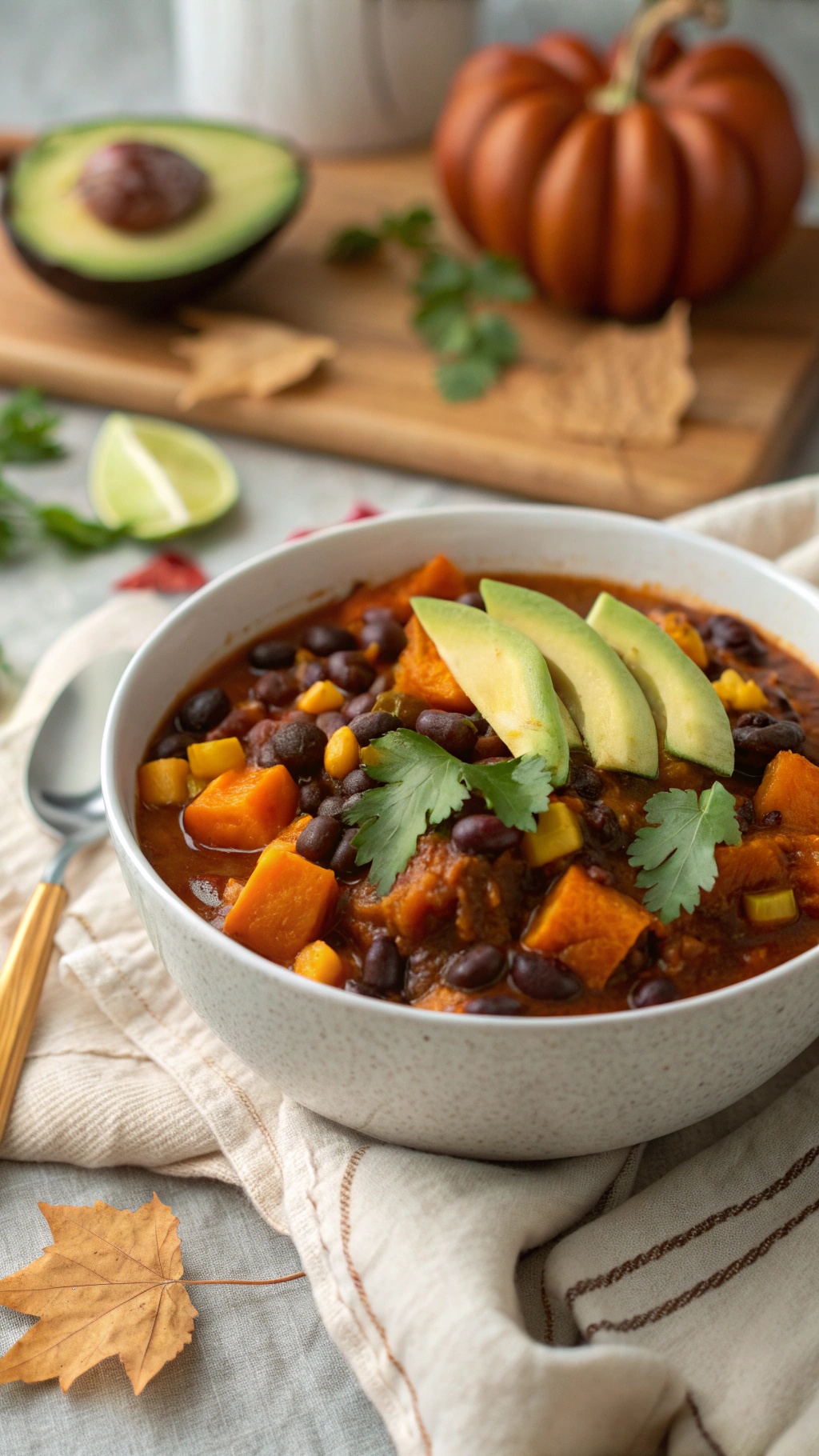 A bowl of vegan chili with butternut squash, topped with avocado slices and cilantro, surrounded by autumn leaves and a pumpkin.