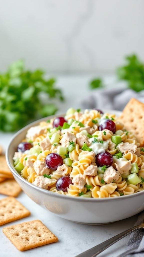 A bowl of Greek yogurt chicken pasta salad with rotini pasta, chicken, celery, and grapes, served with crackers on the side.