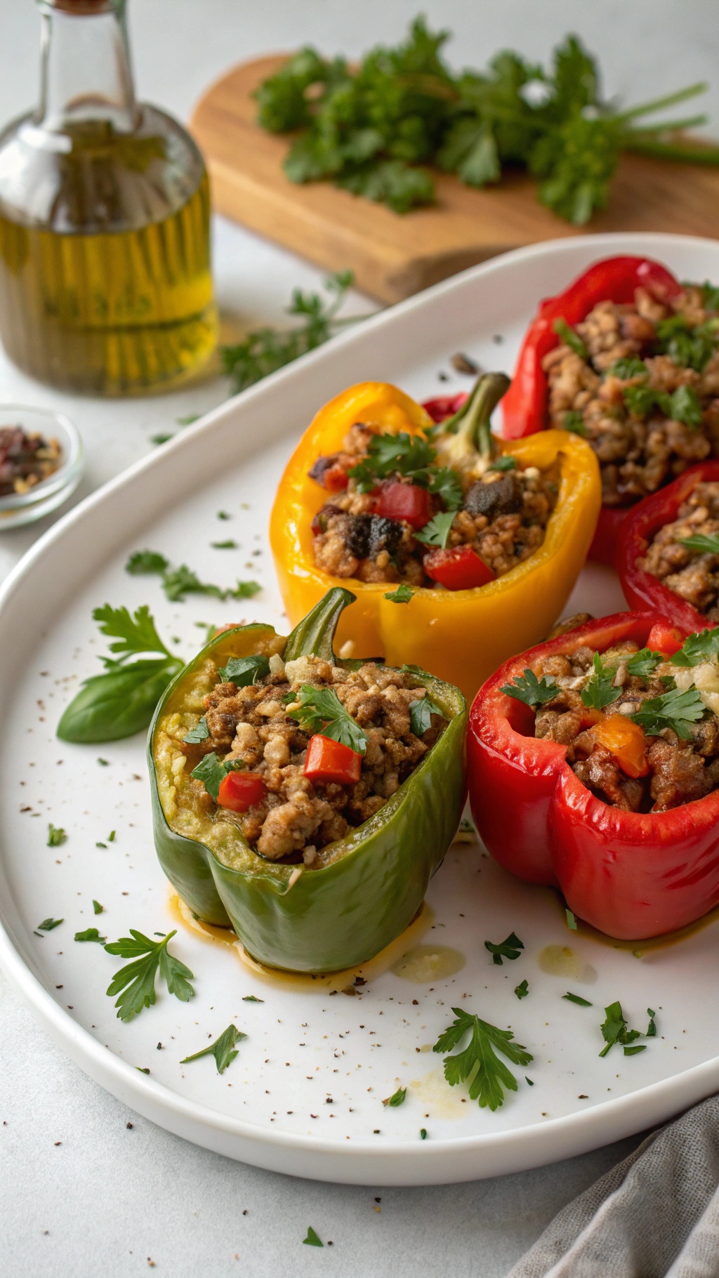 Stuffed bell peppers filled with ground meat and vegetables, garnished with parsley.