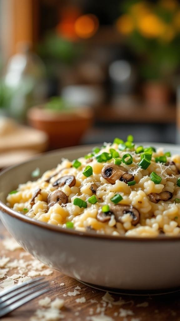 Creamy mushroom risotto topped with green onions in a bowl