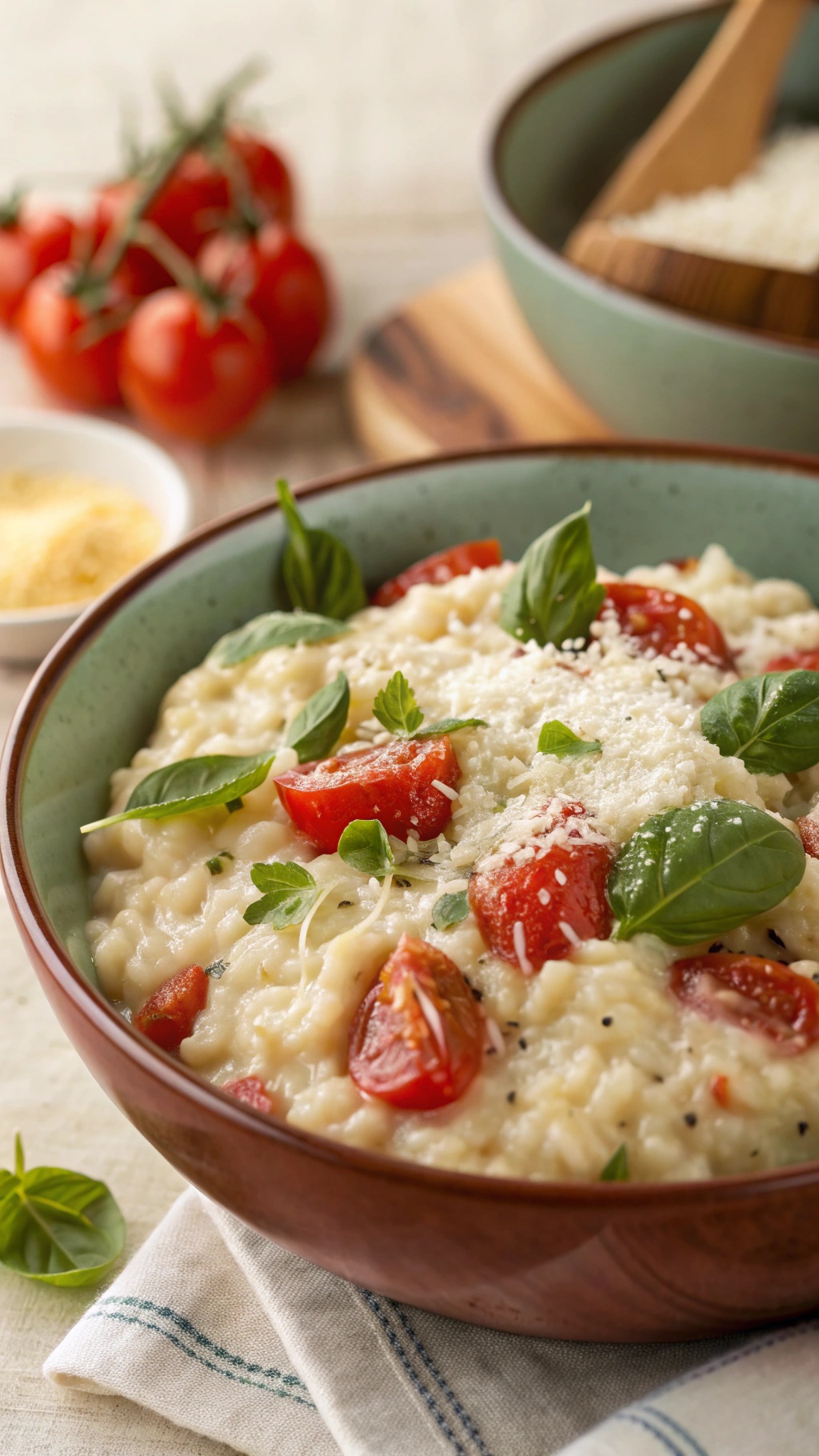 A bowl of creamy tomato basil risotto topped with fresh basil and cherry tomatoes, with ingredients in the background.