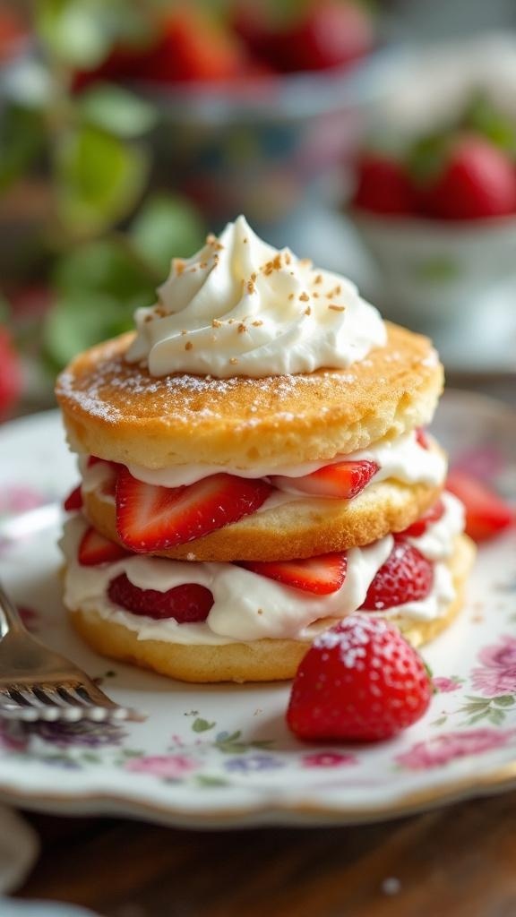 Vegan strawberry shortcake with layers of cake, strawberries, and whipped cream on a floral plate.