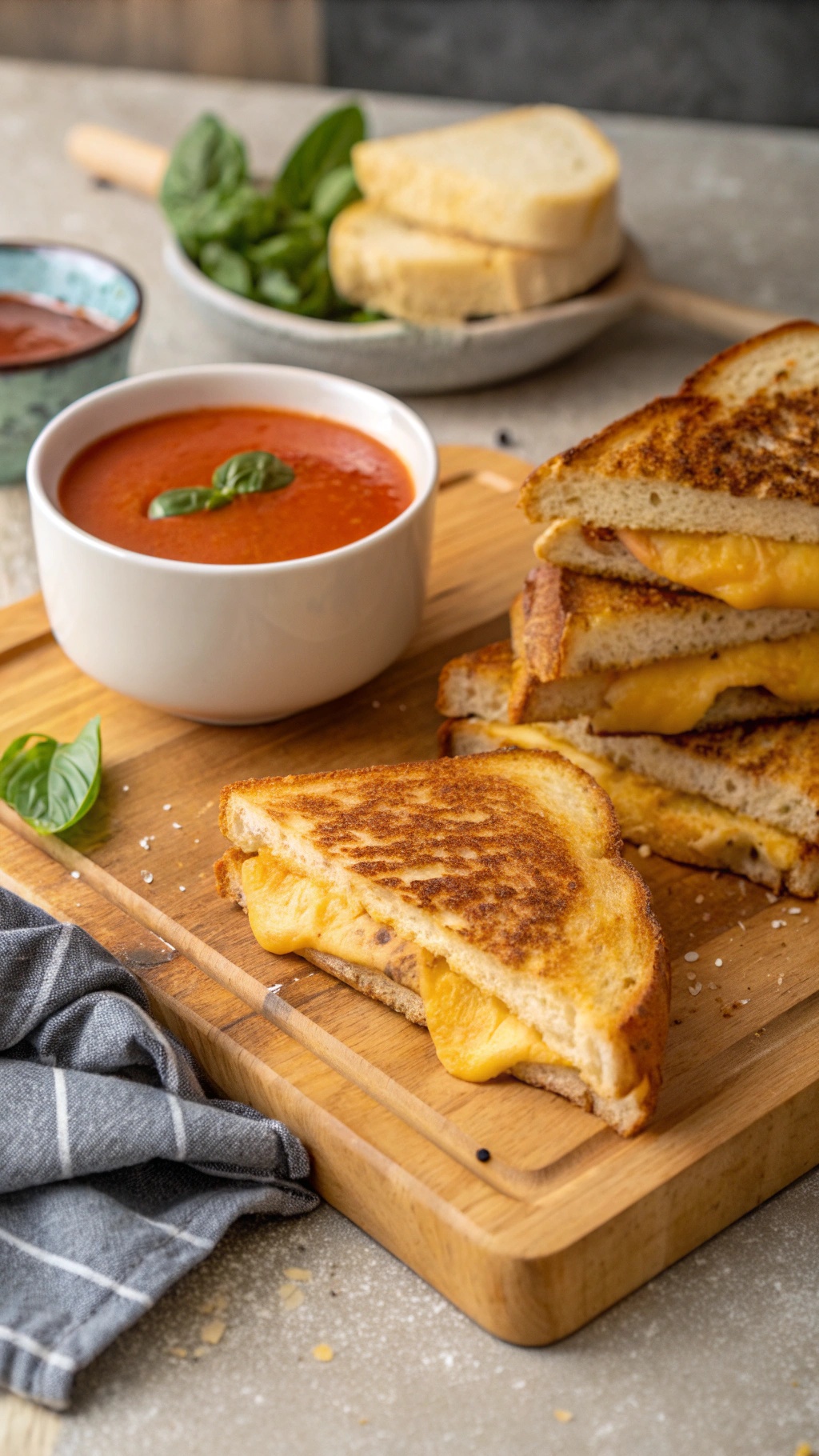 Grilled cheese sandwiches with tomato soup on a wooden board
