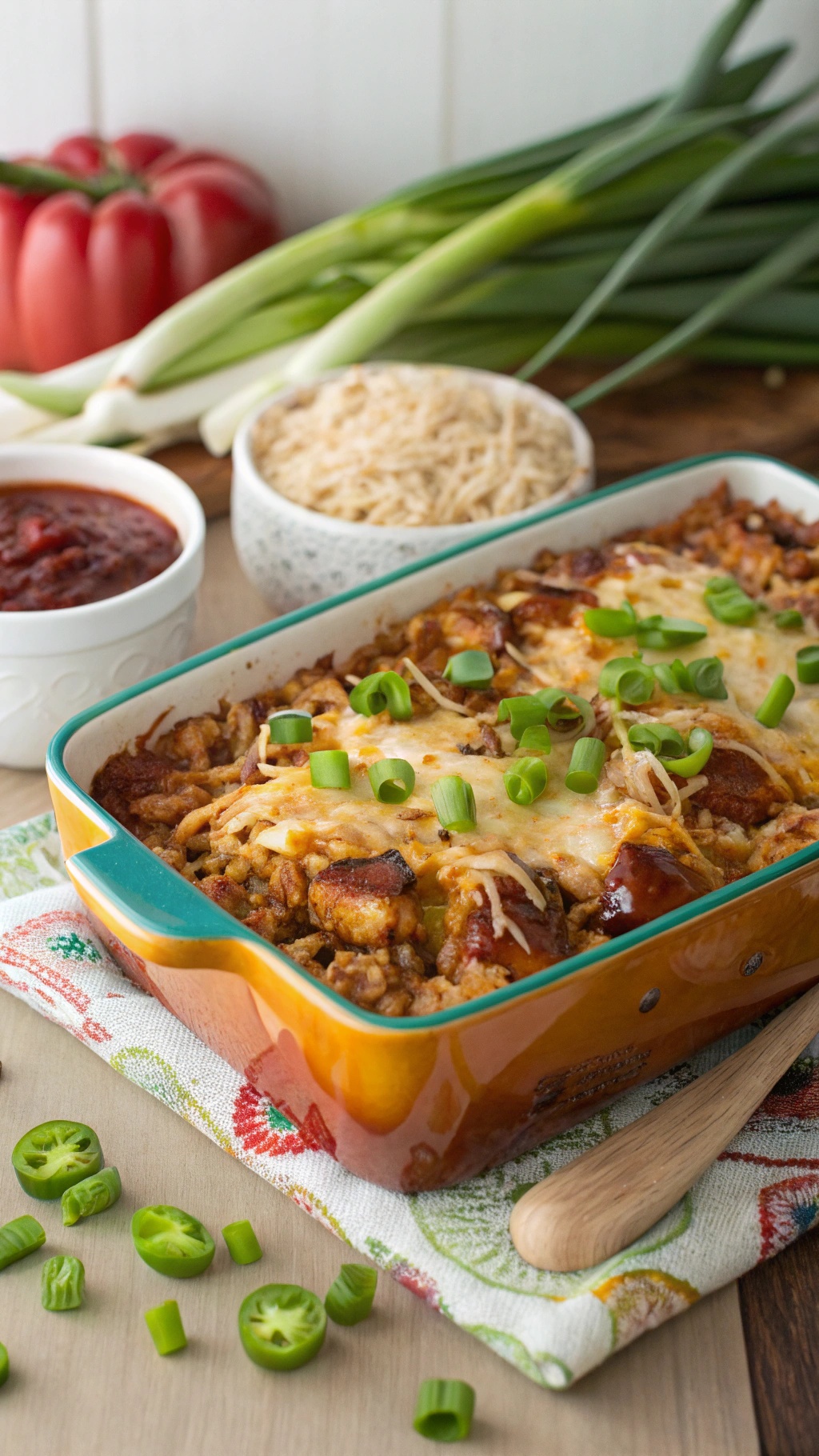BBQ Chicken and Rice Casserole with green onions and red bell pepper