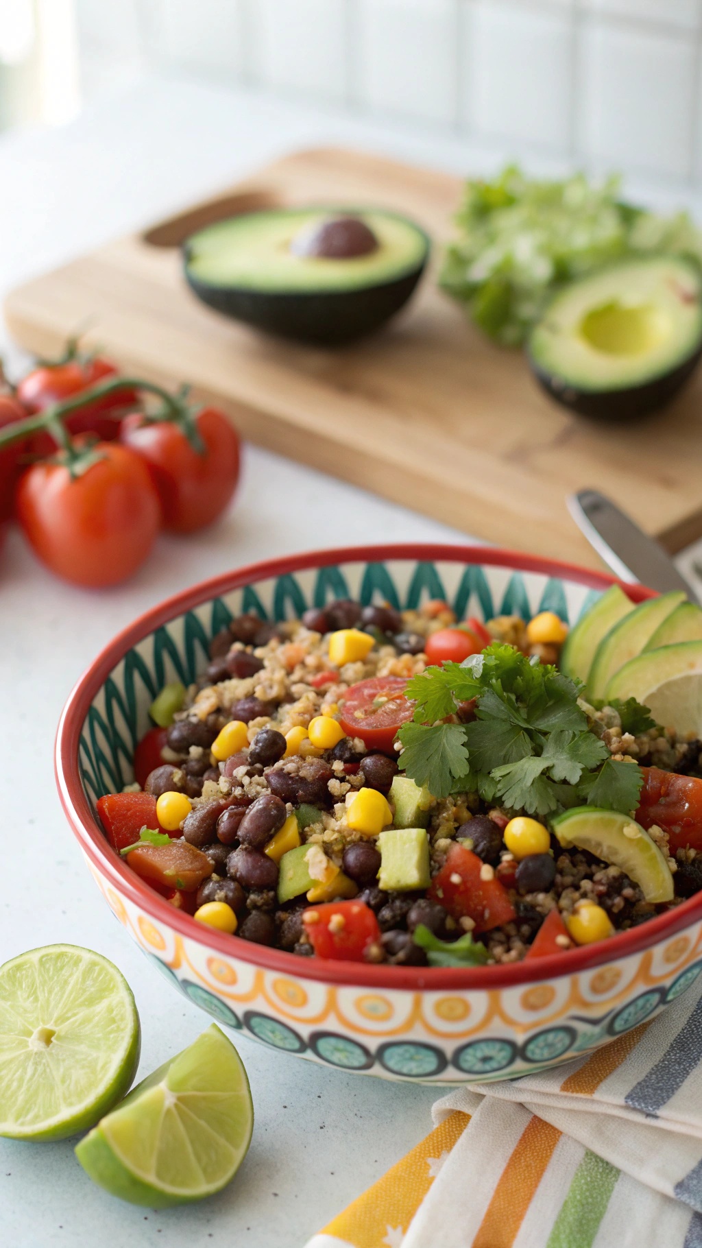 A colorful bowl of Mexican Quinoa Salad with fresh ingredients like black beans, corn, tomatoes, and avocado.