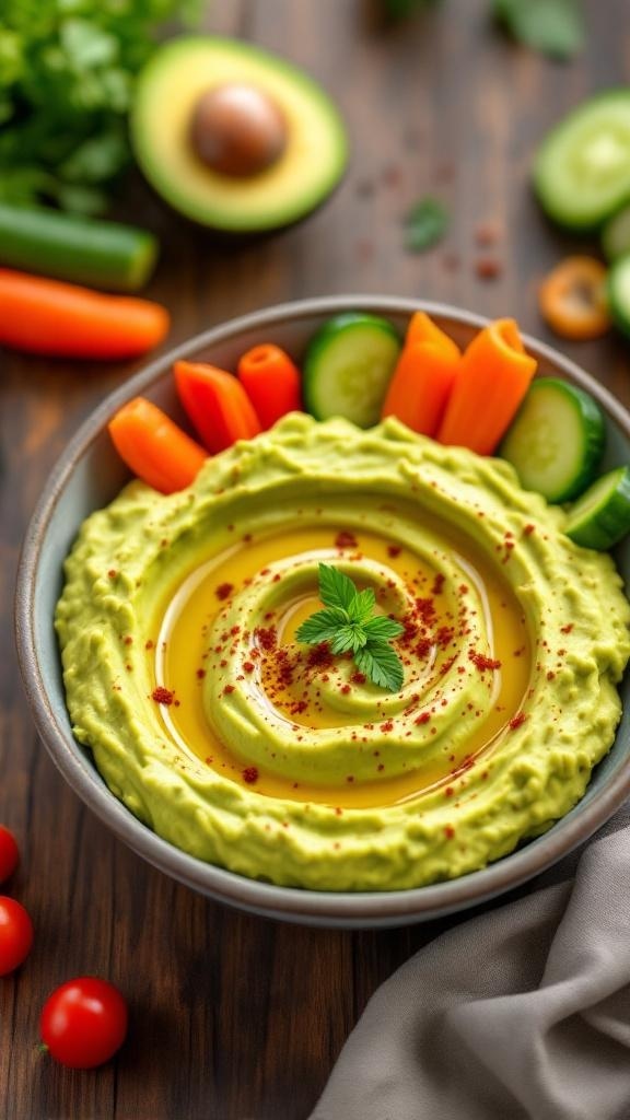 A bowl of creamy avocado hummus garnished with olive oil and paprika, surrounded by fresh vegetables for dipping.