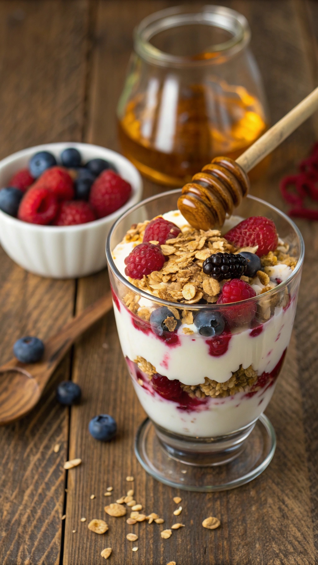 A delicious Greek yogurt parfait with layers of yogurt, berries, and granola, topped with honey.