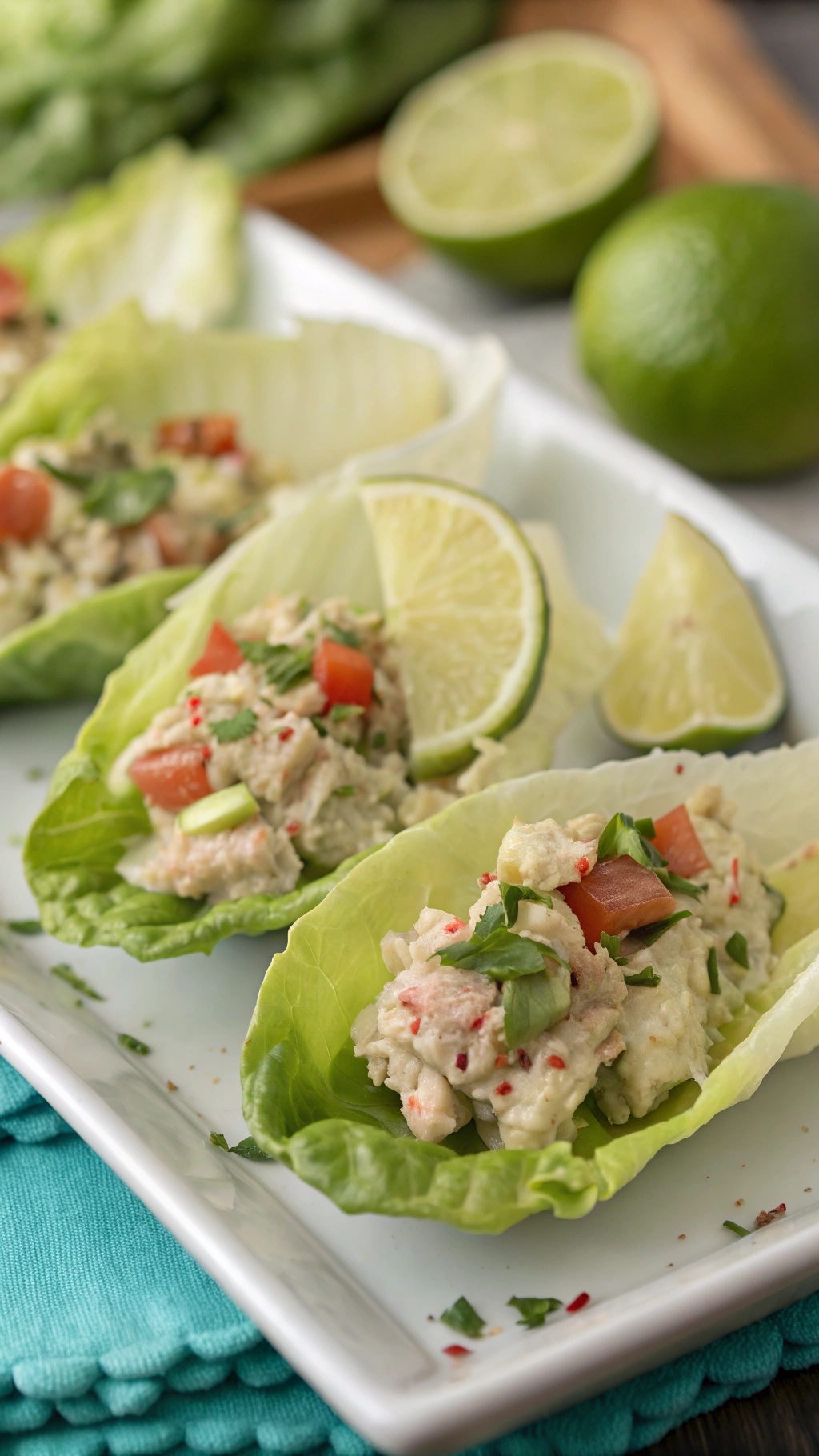 Avocado and tuna salad cups served in lettuce leaves with lime wedges
