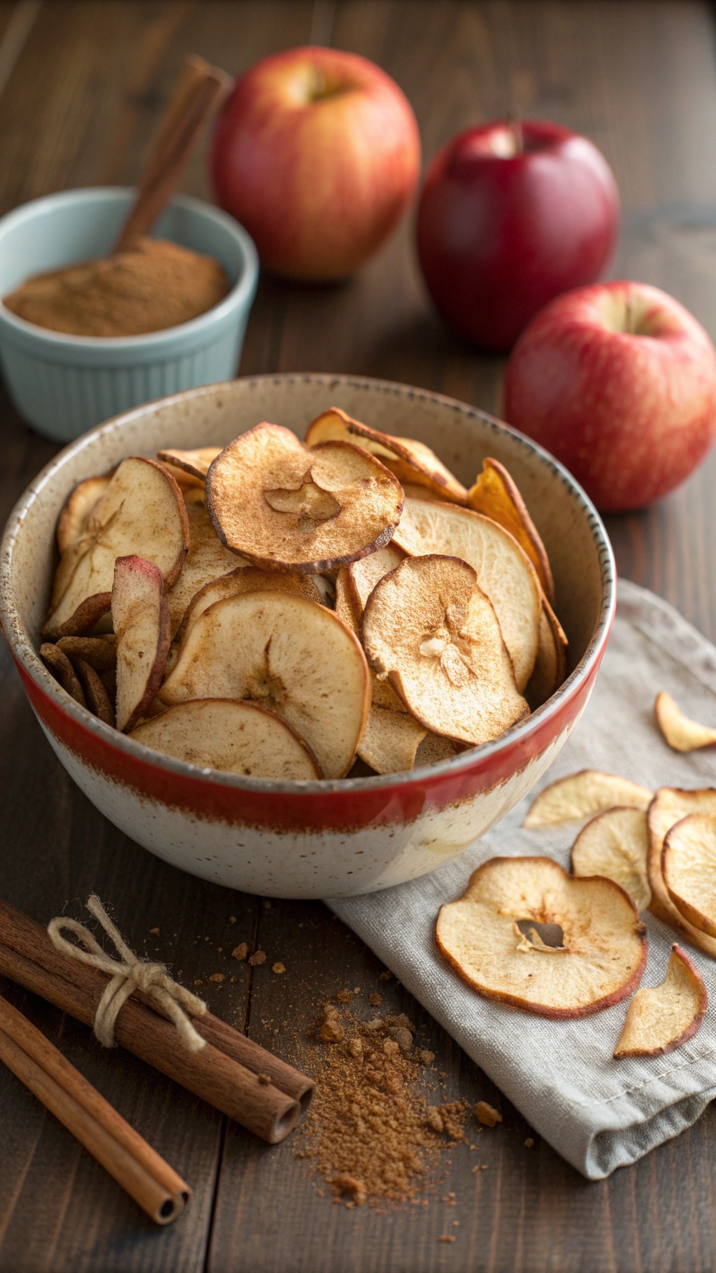 Bowl of baked apple chips with fresh apples and cinnamon