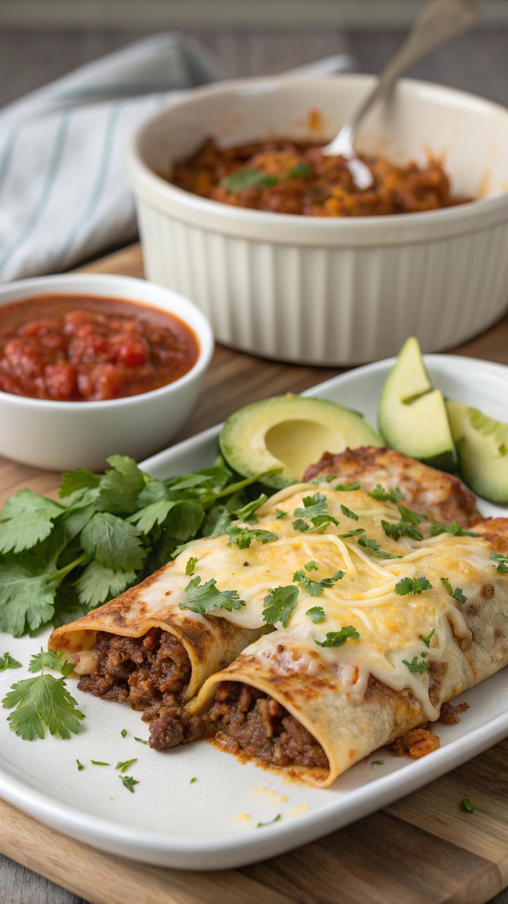 A plate of beef enchiladas with cauliflower tortillas, topped with cheese and cilantro, served with salsa and avocado.