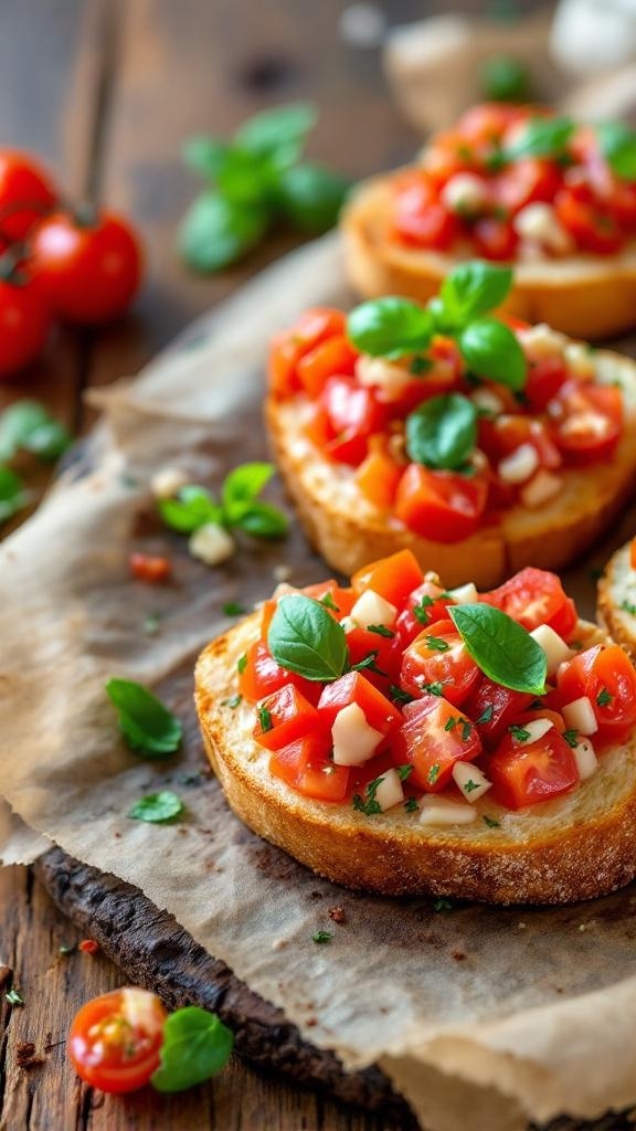 Toasted bread topped with diced tomatoes and basil